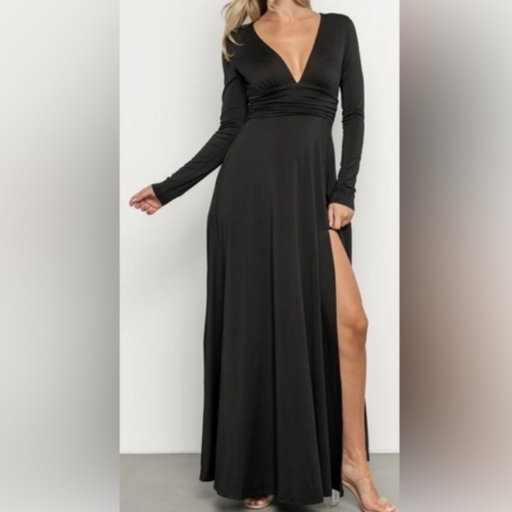Baltic Born Arianna Maxi Black Long Sleeve Dress Slit V Neck Jersey Knit Small